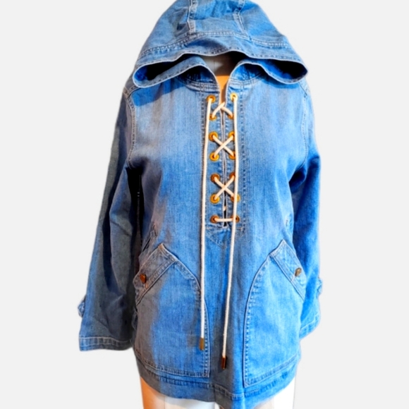 Tory Burch Tops - TORY BURCH (S) DENIM LACE UP HOODIE